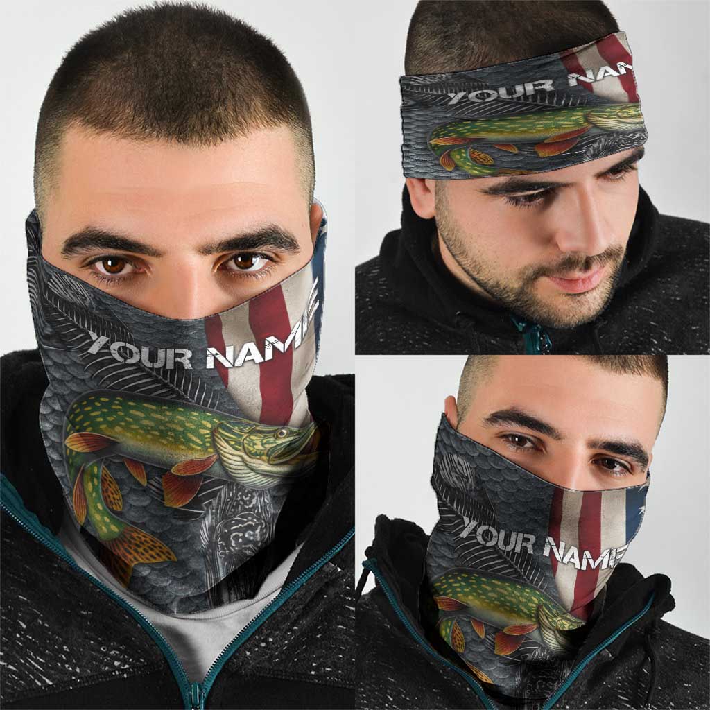Pike Fishing Neck Gaiter with American Flag and Realistic Fish Scale Texture Design TS04