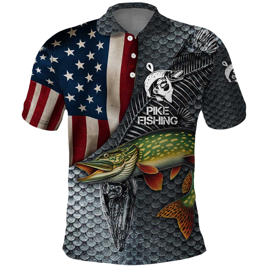 Pike Fishing Polo Shirt with American Flag and Realistic Fish Scale Texture Design TS04