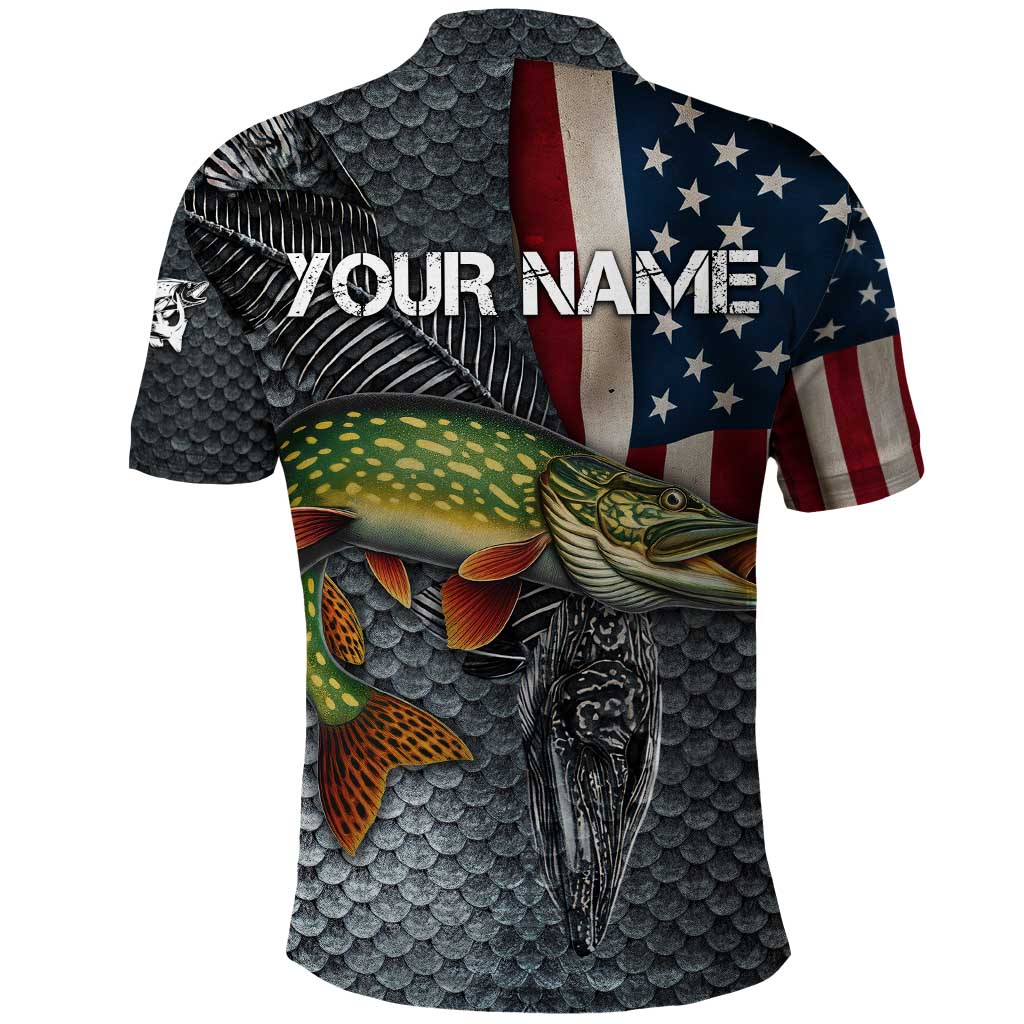 Pike Fishing Polo Shirt with American Flag and Realistic Fish Scale Texture Design TS04