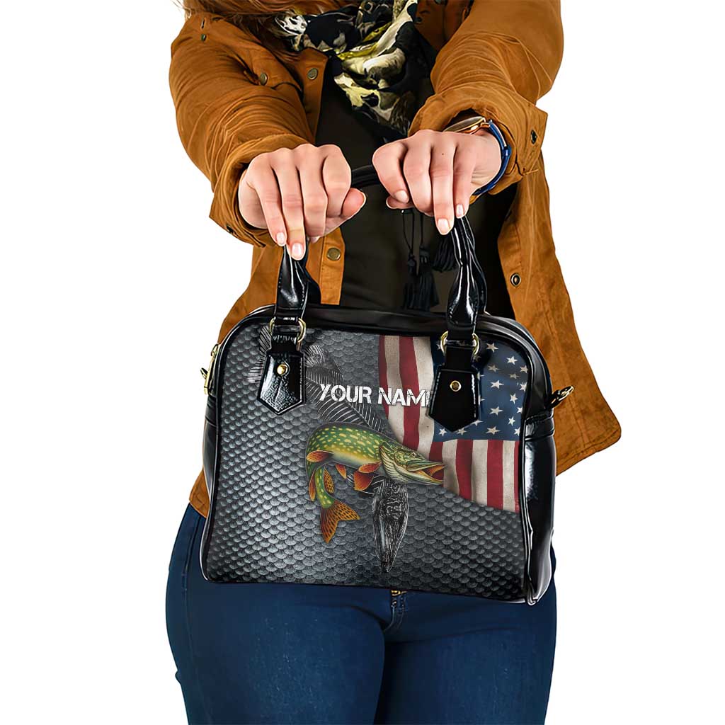 Pike Fishing Shoulder Handbag with American Flag and Realistic Fish Scale Texture Design TS04