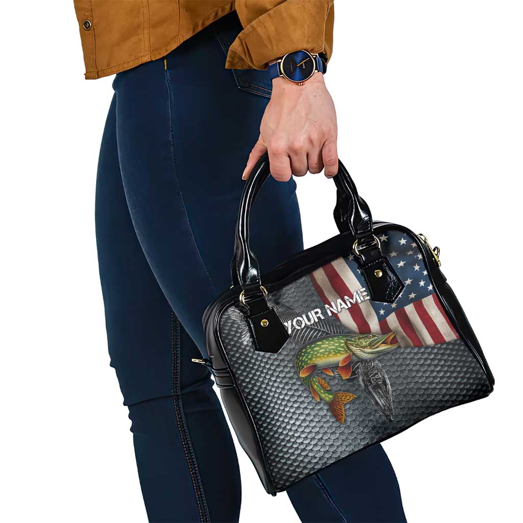 Pike Fishing Shoulder Handbag with American Flag and Realistic Fish Scale Texture Design TS04
