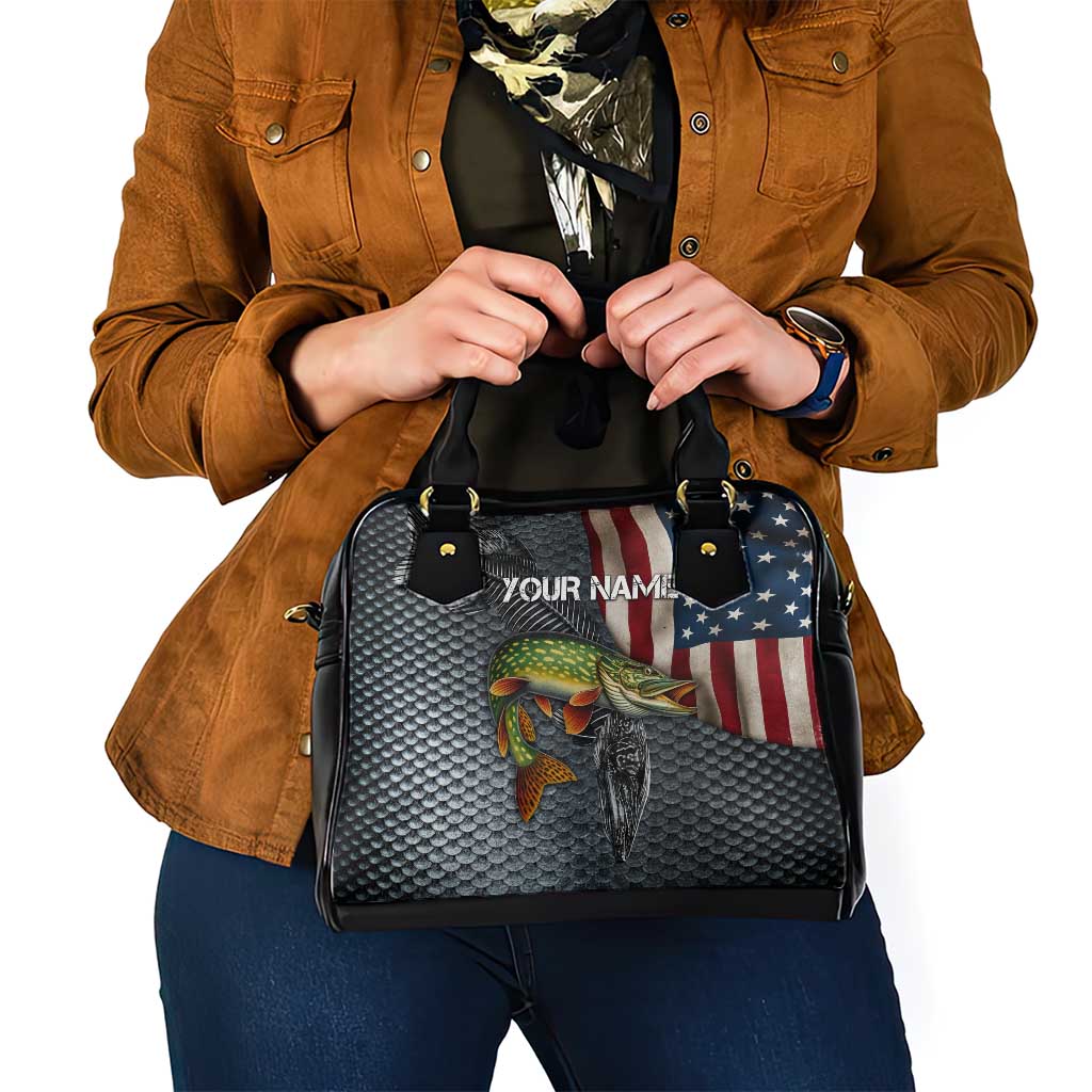 Pike Fishing Shoulder Handbag with American Flag and Realistic Fish Scale Texture Design TS04
