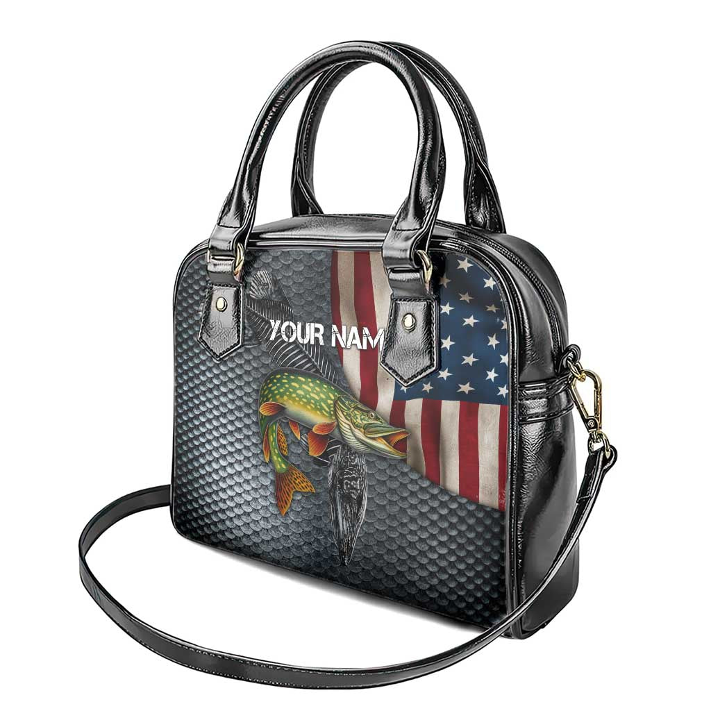 Pike Fishing Shoulder Handbag with American Flag and Realistic Fish Scale Texture Design TS04