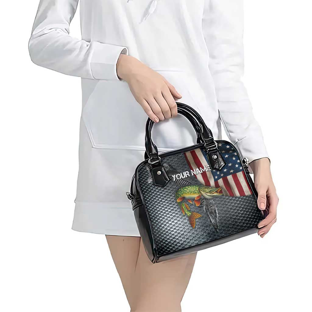 Pike Fishing Shoulder Handbag with American Flag and Realistic Fish Scale Texture Design TS04