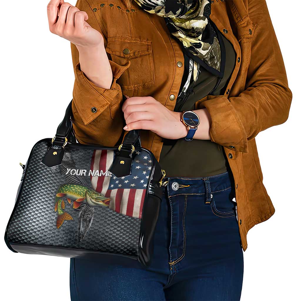 Pike Fishing Shoulder Handbag with American Flag and Realistic Fish Scale Texture Design TS04