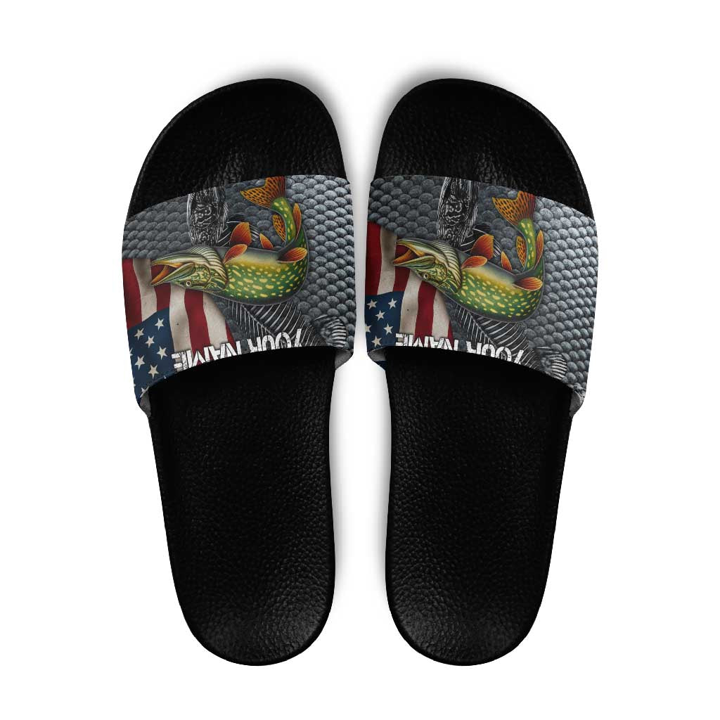 Pike Fishing Slide Sandals with American Flag and Realistic Fish Scale Texture Design TS04