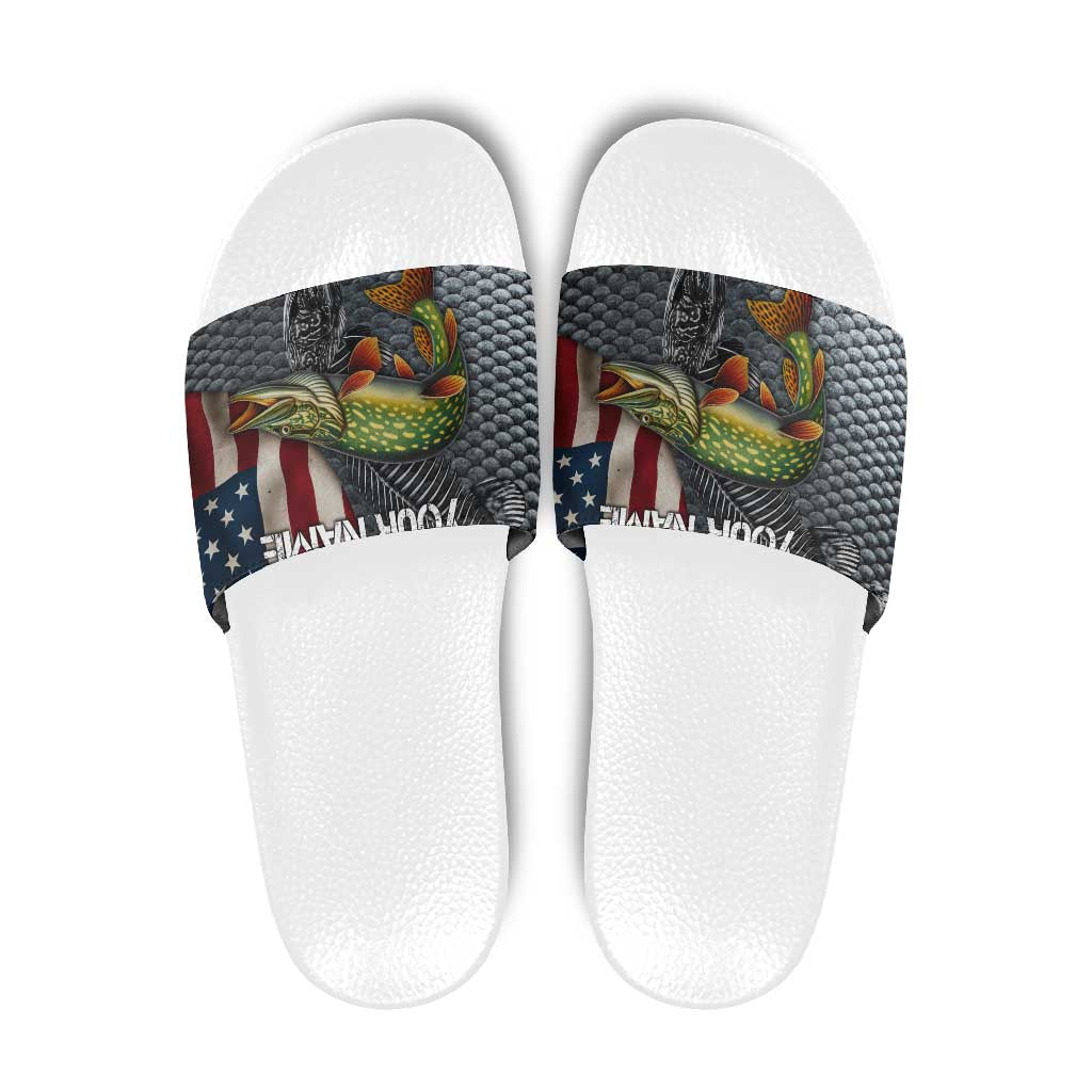 Pike Fishing Slide Sandals with American Flag and Realistic Fish Scale Texture Design TS04