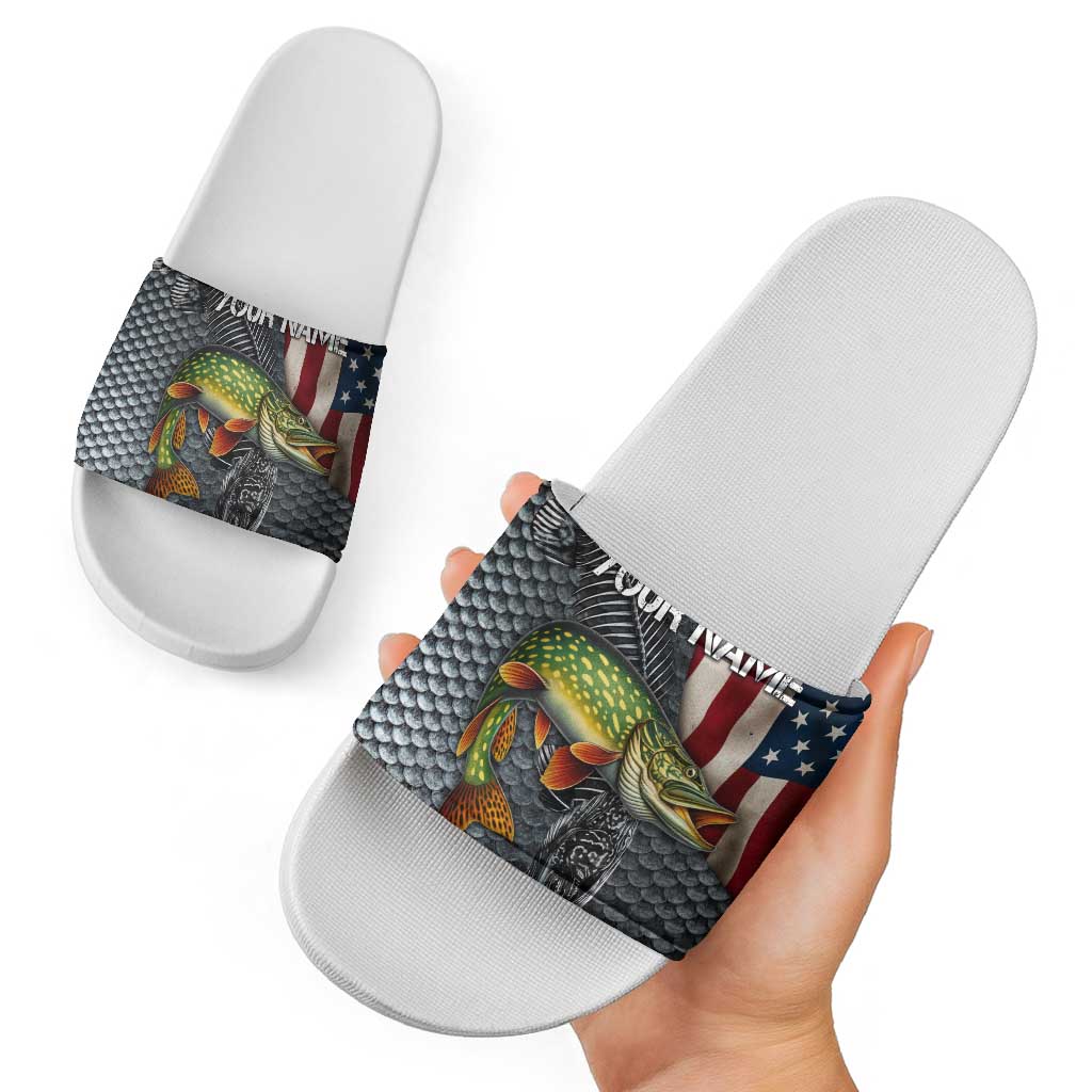 Pike Fishing Slide Sandals with American Flag and Realistic Fish Scale Texture Design TS04