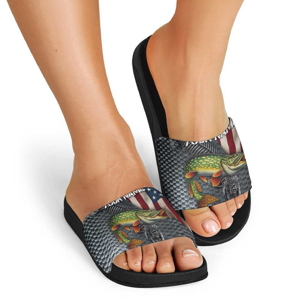 Pike Fishing Slide Sandals with American Flag and Realistic Fish Scale Texture Design TS04