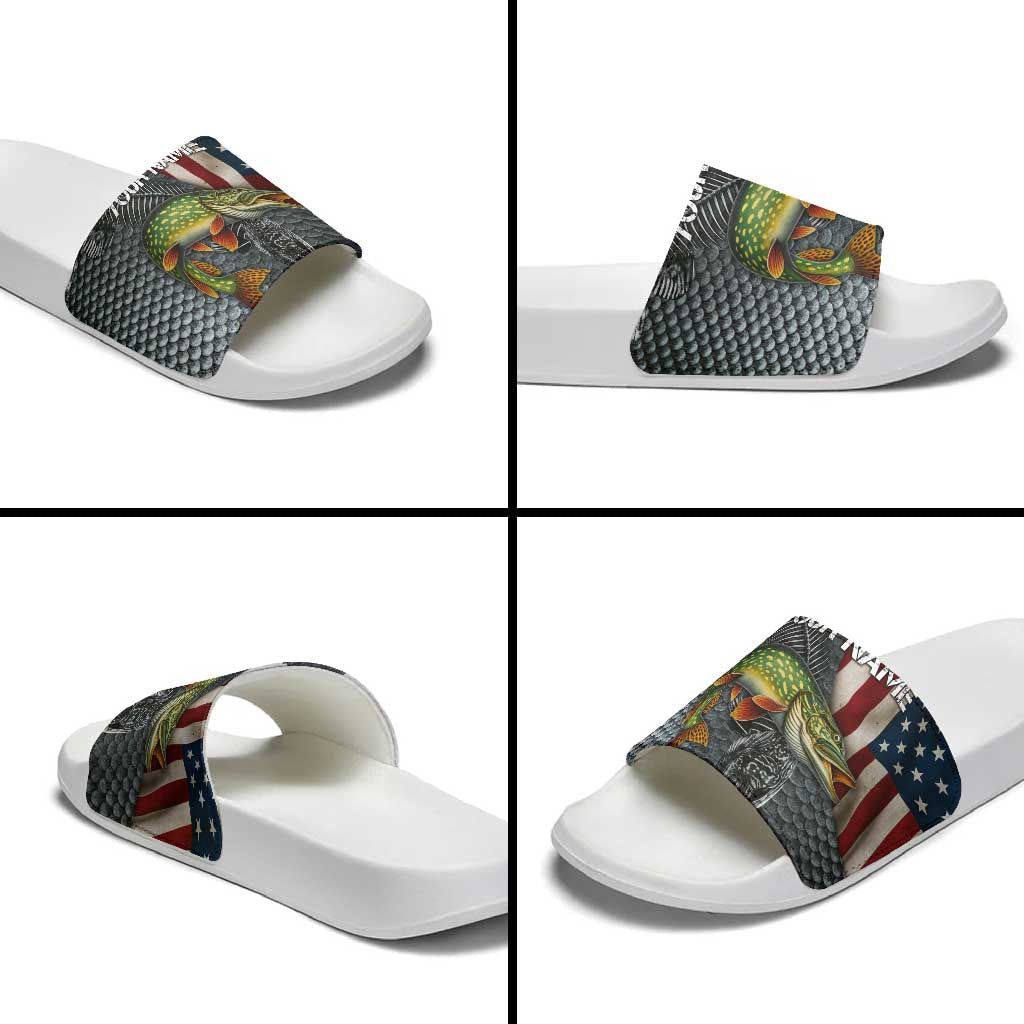 Pike Fishing Slide Sandals with American Flag and Realistic Fish Scale Texture Design TS04