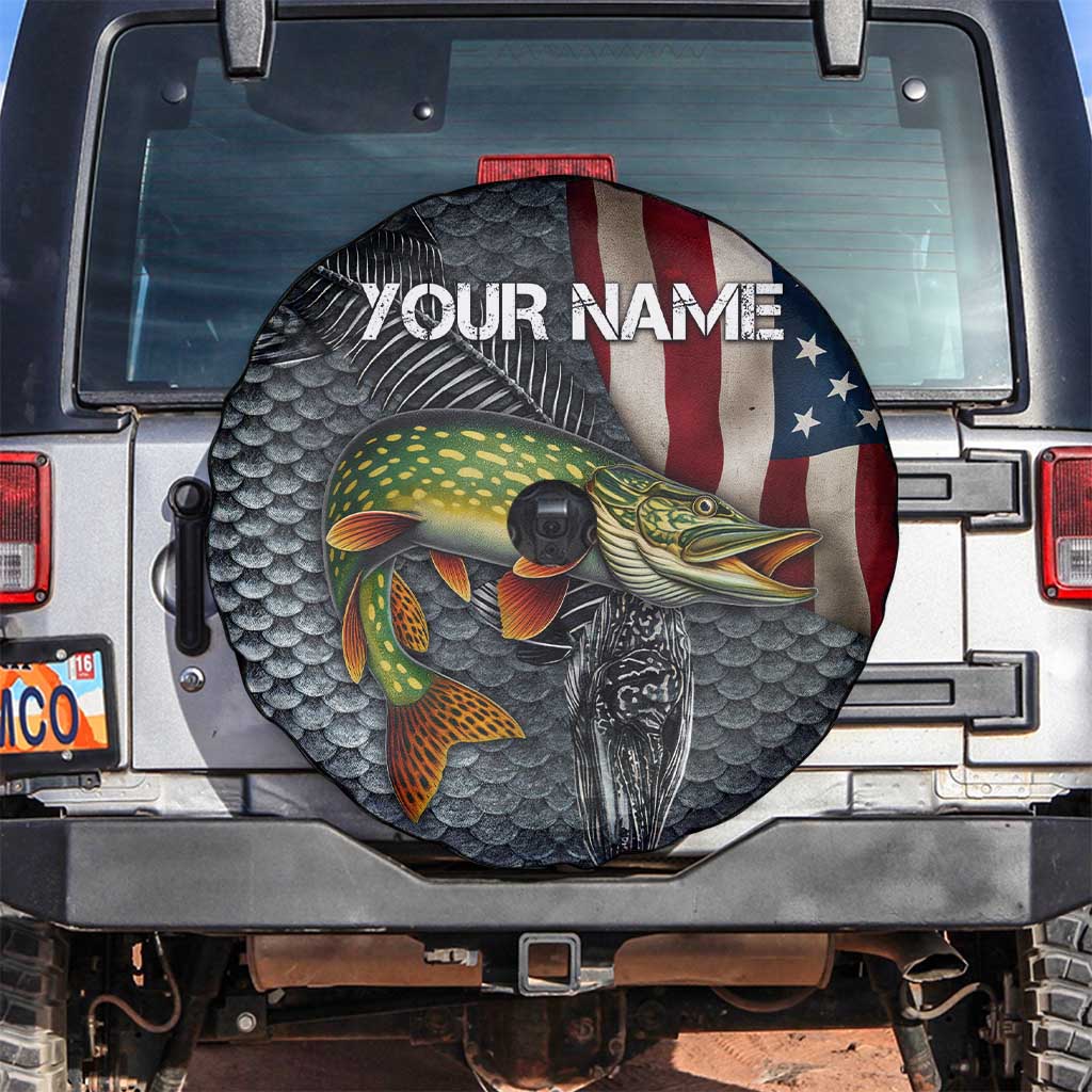 Pike Fishing Spare Tire Cover with American Flag and Realistic Fish Scale Texture Design TS04