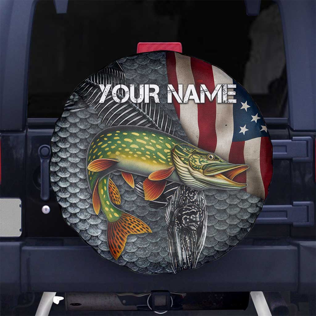 Pike Fishing Spare Tire Cover with American Flag and Realistic Fish Scale Texture Design TS04