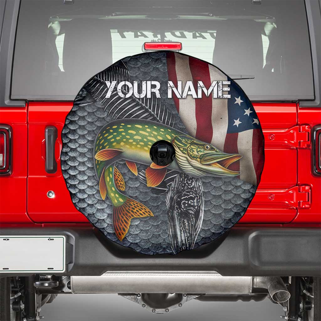 Pike Fishing Spare Tire Cover with American Flag and Realistic Fish Scale Texture Design TS04