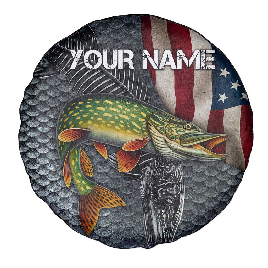 Pike Fishing Spare Tire Cover with American Flag and Realistic Fish Scale Texture Design TS04