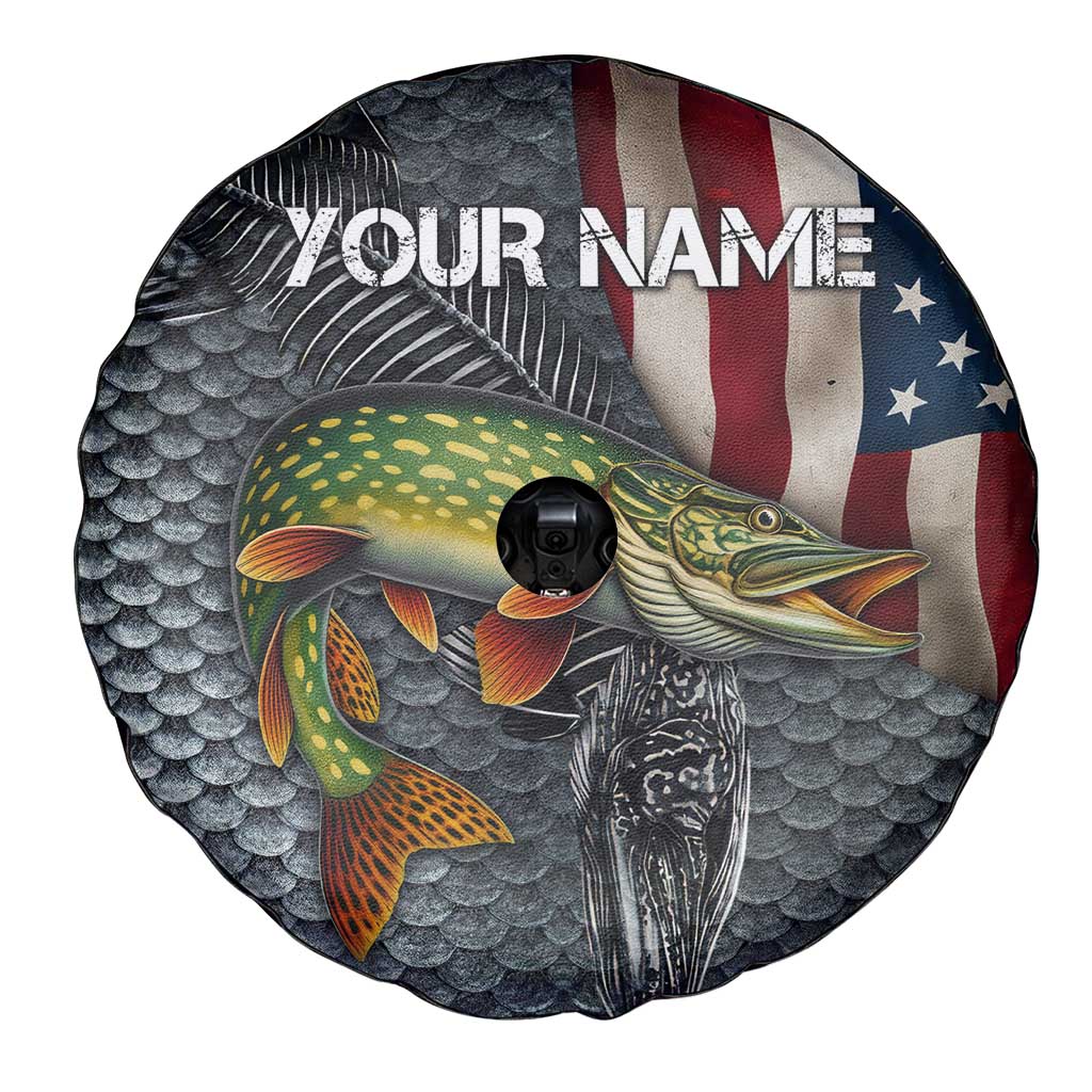 Pike Fishing Spare Tire Cover with American Flag and Realistic Fish Scale Texture Design TS04
