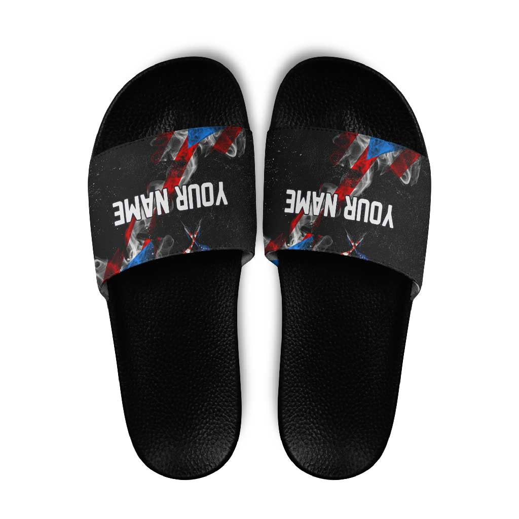 American Flag Smoke Trail Slide Sandals with Dartboard and Crossed Darts Graphic Design TS04