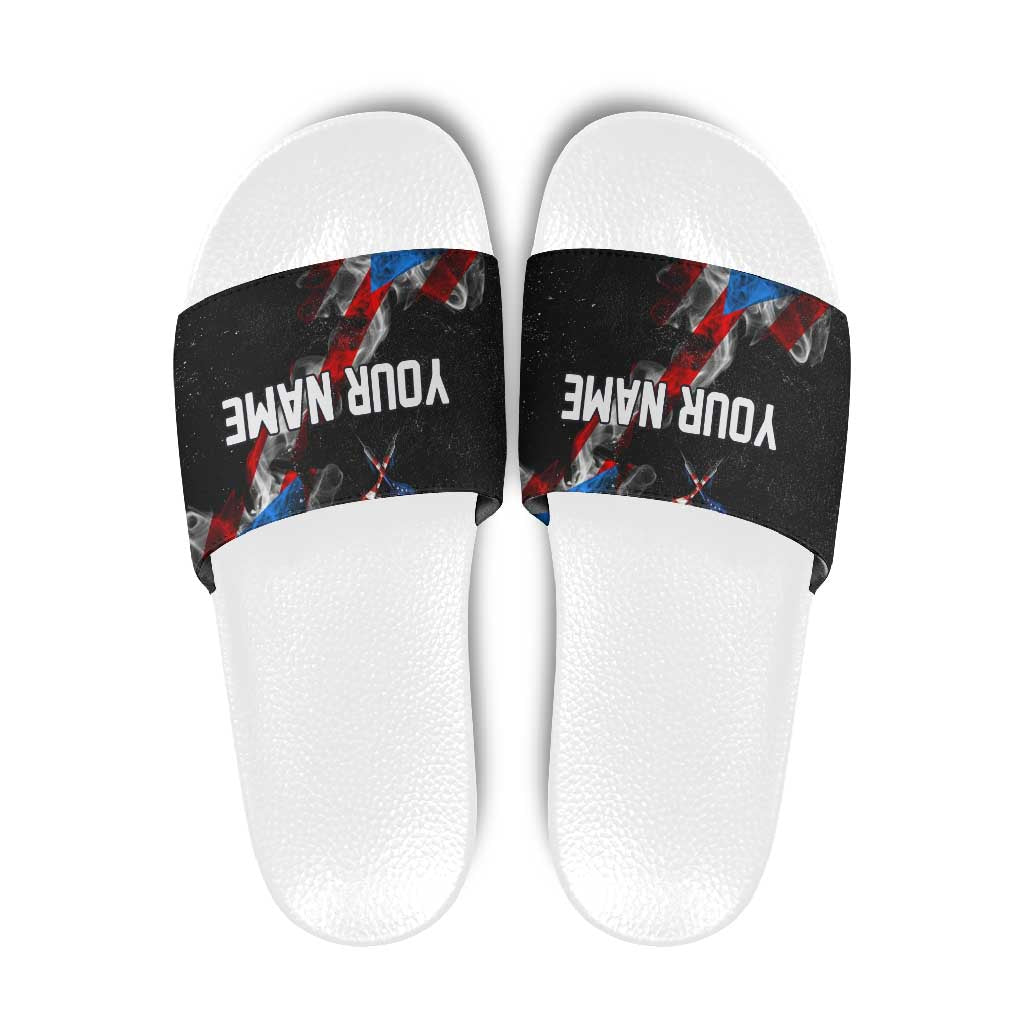 American Flag Smoke Trail Slide Sandals with Dartboard and Crossed Darts Graphic Design TS04