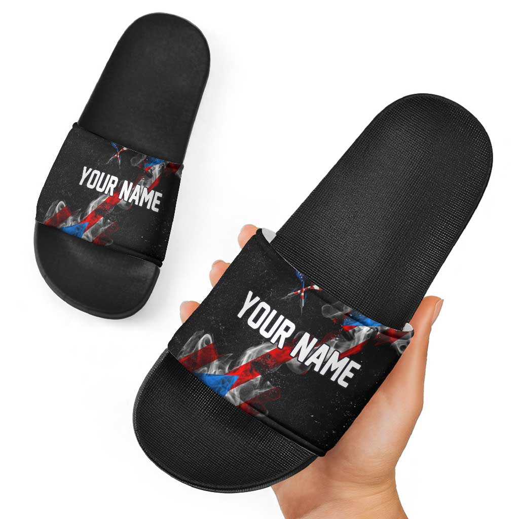 American Flag Smoke Trail Slide Sandals with Dartboard and Crossed Darts Graphic Design TS04