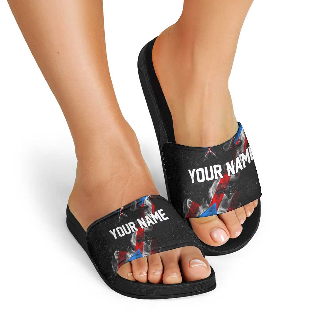 American Flag Smoke Trail Slide Sandals with Dartboard and Crossed Darts Graphic Design TS04