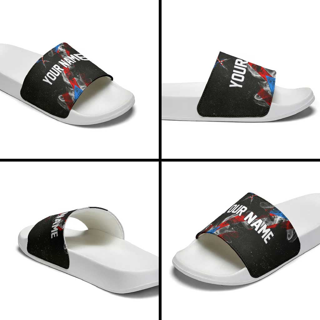 American Flag Smoke Trail Slide Sandals with Dartboard and Crossed Darts Graphic Design TS04