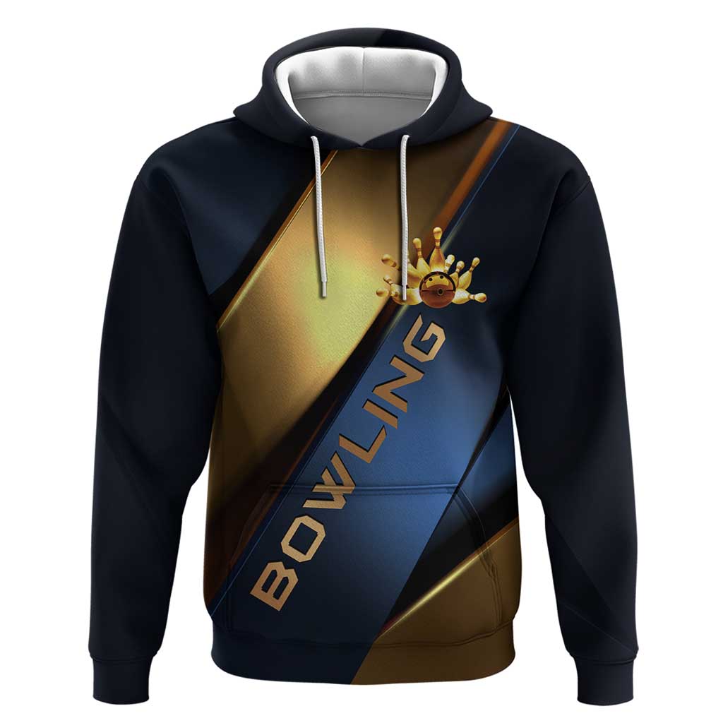 Angry Bowling Ball and Pins Hoodie with Blue and Gold Metallic Stripe Graphic Design TS04