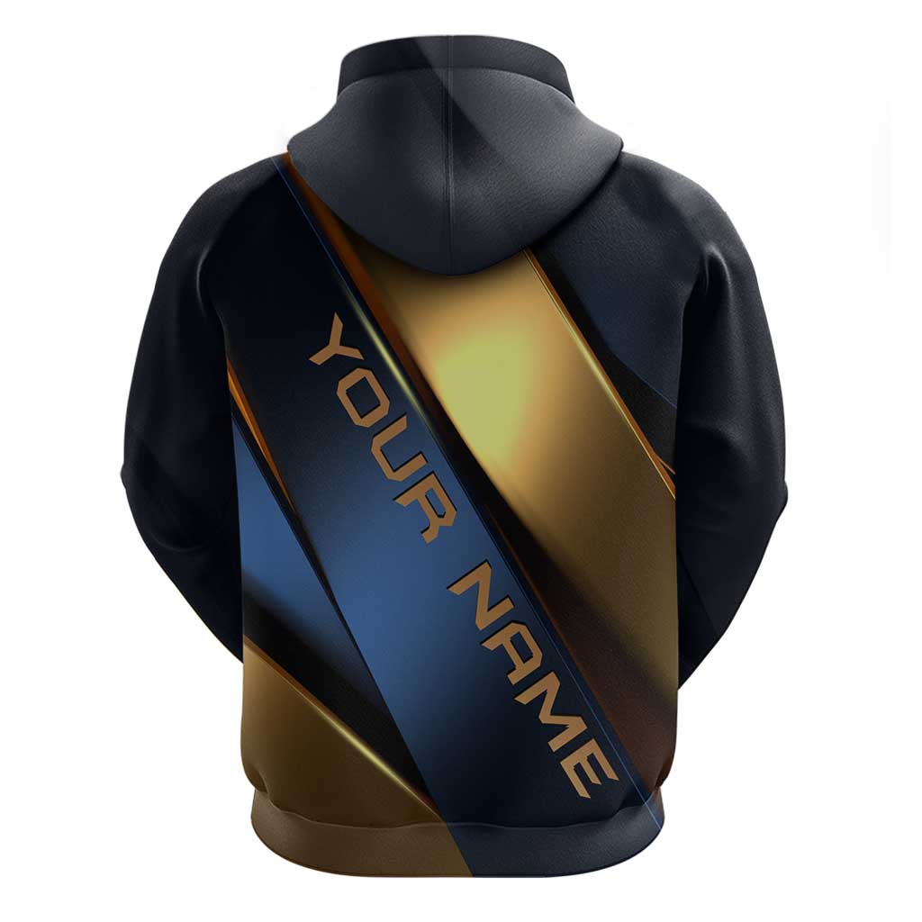 Angry Bowling Ball and Pins Hoodie with Blue and Gold Metallic Stripe Graphic Design TS04