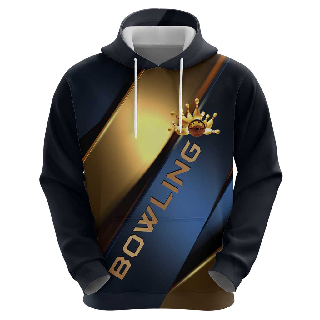 Angry Bowling Ball and Pins Hoodie with Blue and Gold Metallic Stripe Graphic Design TS04
