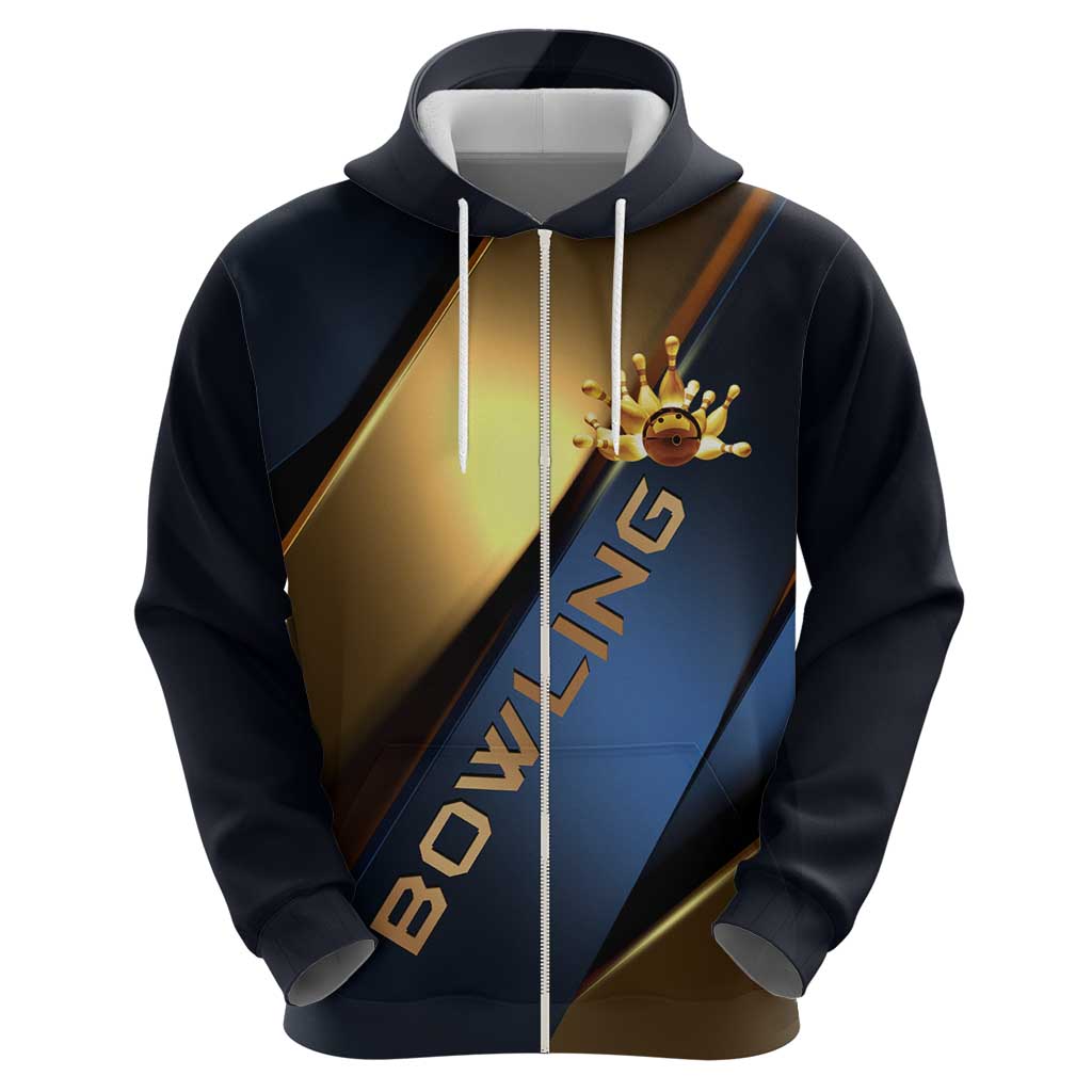 Angry Bowling Ball and Pins Hoodie with Blue and Gold Metallic Stripe Graphic Design TS04