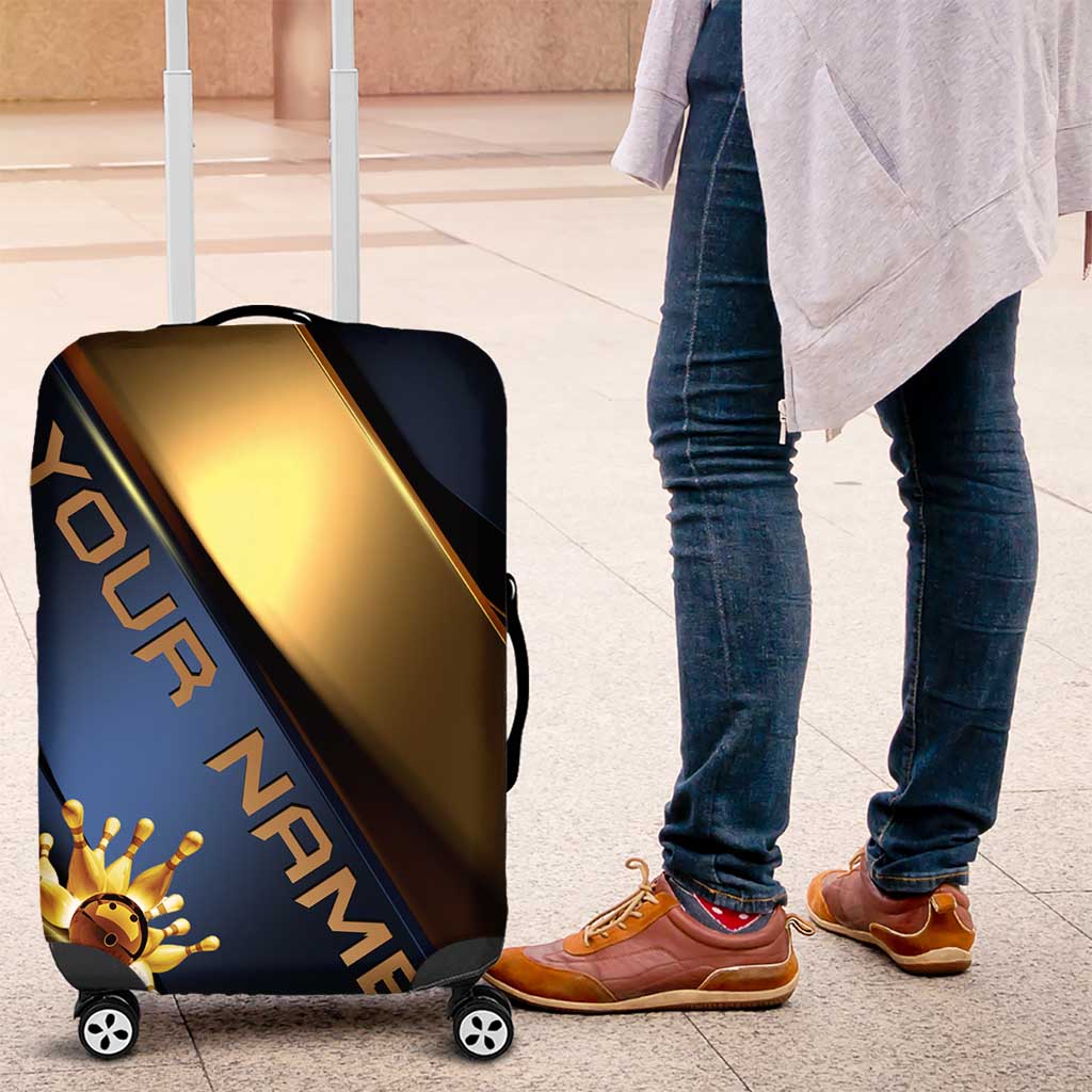 Angry Bowling Ball and Pins Luggage Cover with Blue and Gold Metallic Stripe Graphic Design TS04