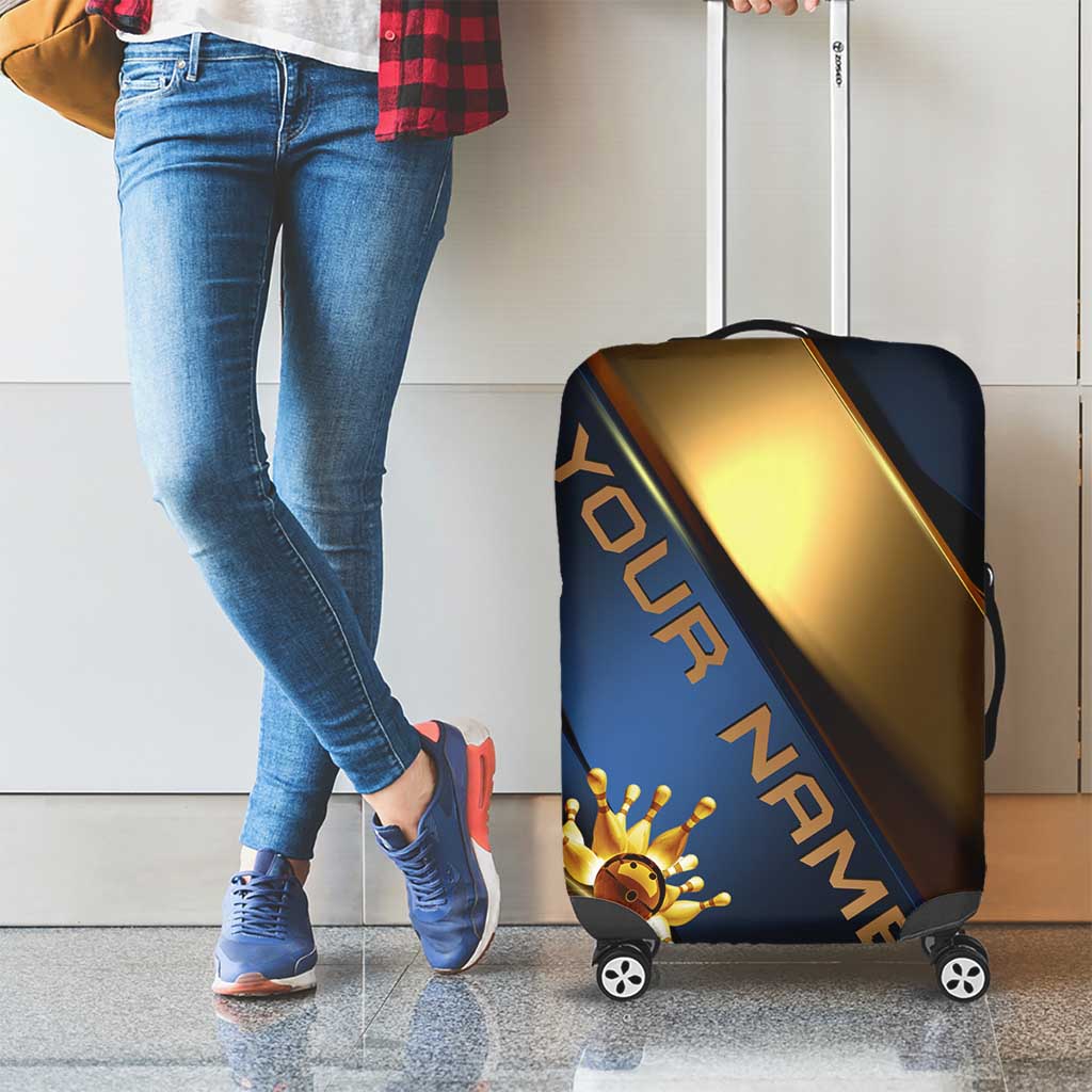 Angry Bowling Ball and Pins Luggage Cover with Blue and Gold Metallic Stripe Graphic Design TS04