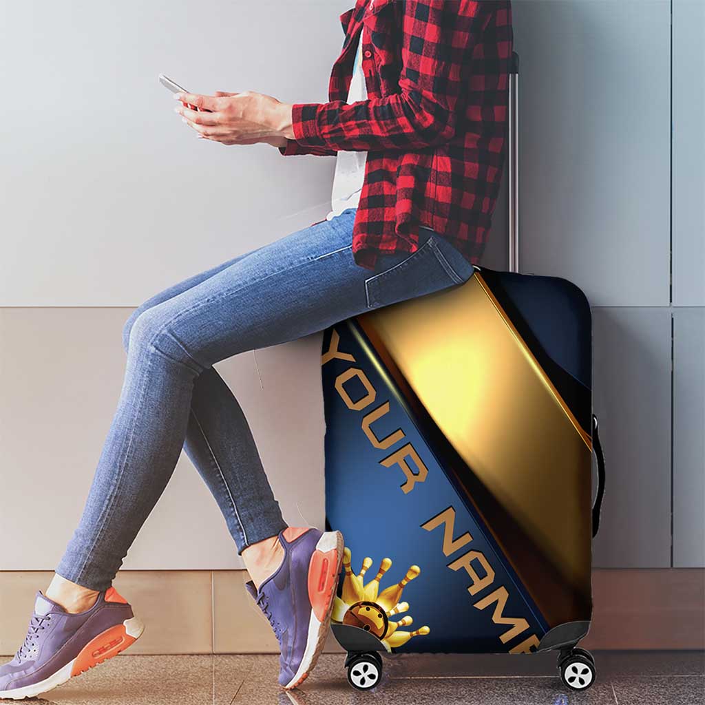 Angry Bowling Ball and Pins Luggage Cover with Blue and Gold Metallic Stripe Graphic Design TS04