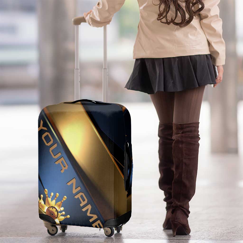 Angry Bowling Ball and Pins Luggage Cover with Blue and Gold Metallic Stripe Graphic Design TS04
