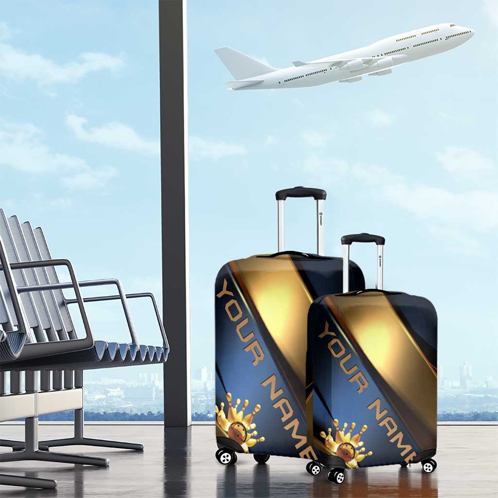 Angry Bowling Ball and Pins Luggage Cover with Blue and Gold Metallic Stripe Graphic Design TS04