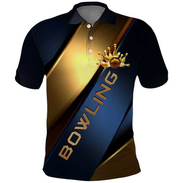 Angry Bowling Ball and Pins Polo Shirt with Blue and Gold Metallic Stripe Graphic Design TS04