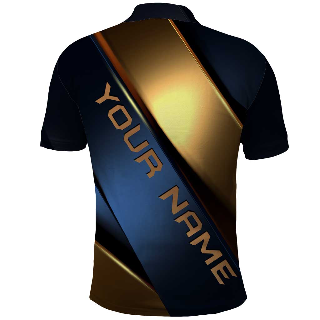 Angry Bowling Ball and Pins Polo Shirt with Blue and Gold Metallic Stripe Graphic Design TS04