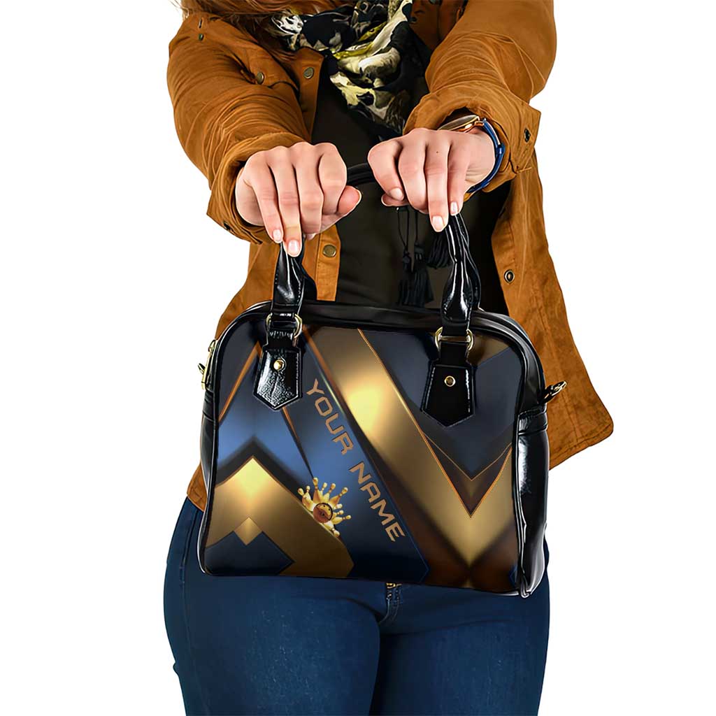 Angry Bowling Ball and Pins Shoulder Handbag with Blue and Gold Metallic Stripe Graphic Design TS04