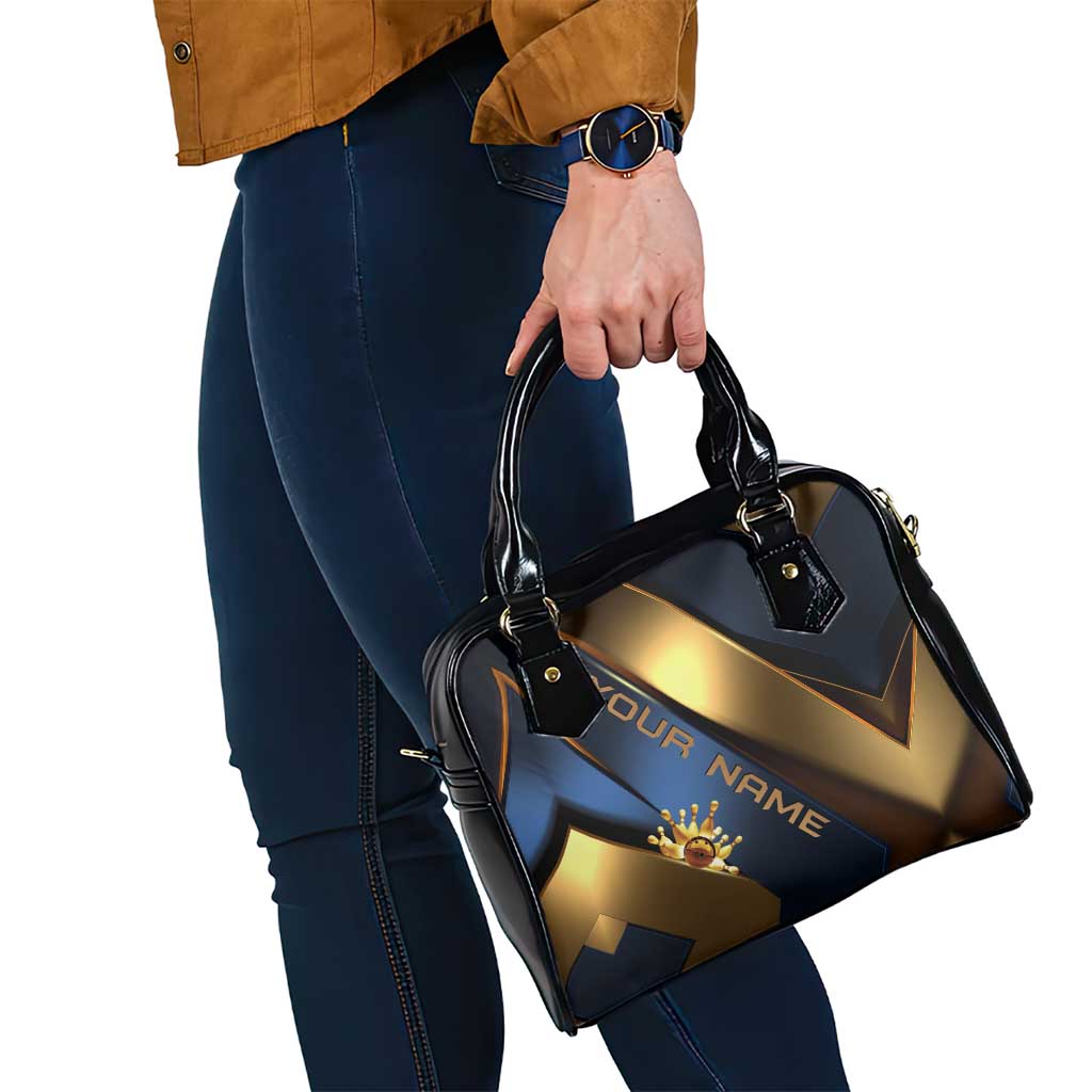 Angry Bowling Ball and Pins Shoulder Handbag with Blue and Gold Metallic Stripe Graphic Design TS04