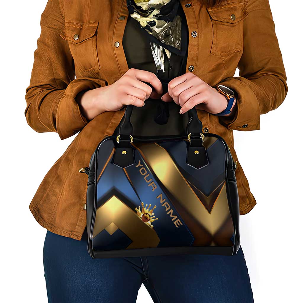 Angry Bowling Ball and Pins Shoulder Handbag with Blue and Gold Metallic Stripe Graphic Design TS04