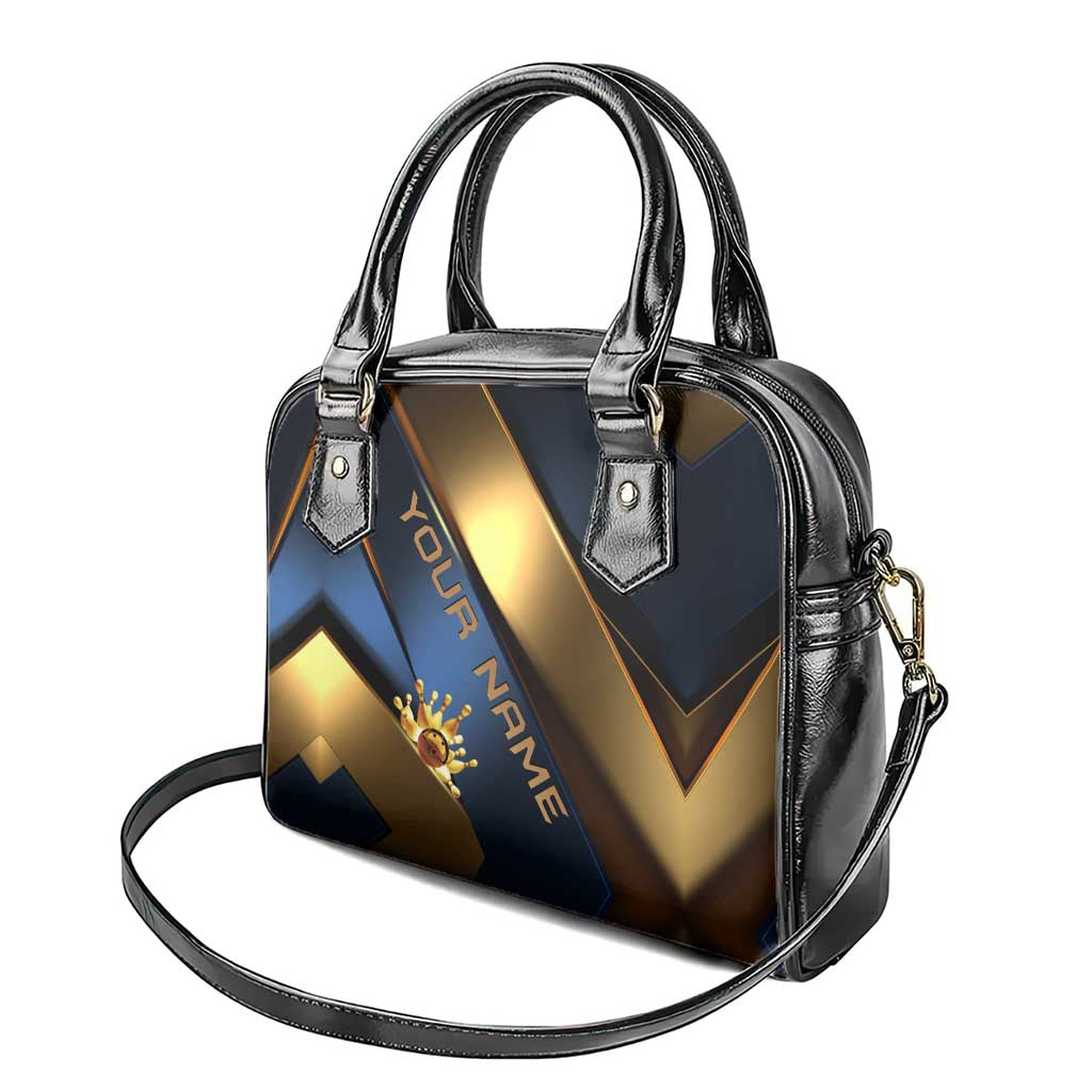 Angry Bowling Ball and Pins Shoulder Handbag with Blue and Gold Metallic Stripe Graphic Design TS04