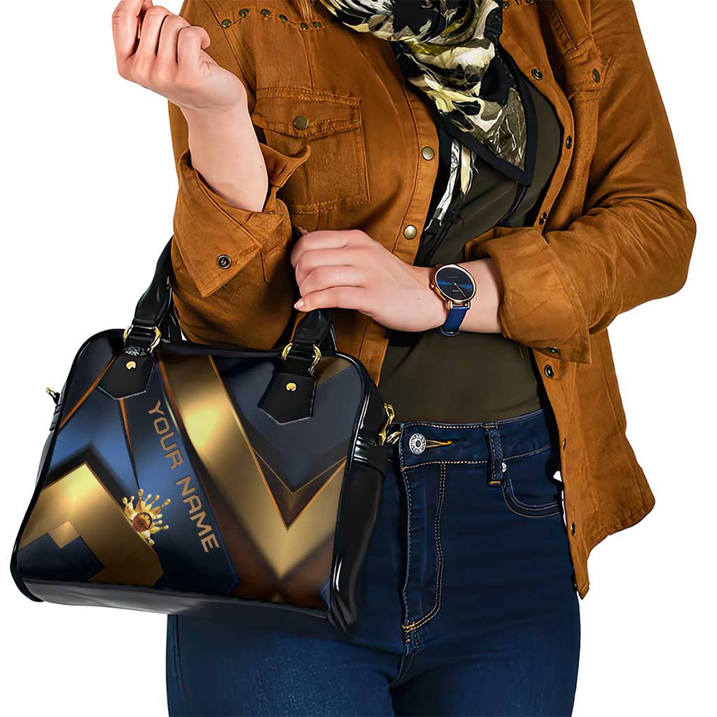 Angry Bowling Ball and Pins Shoulder Handbag with Blue and Gold Metallic Stripe Graphic Design TS04