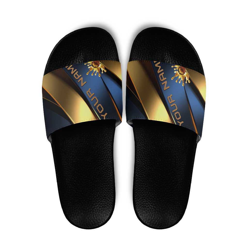 Angry Bowling Ball and Pins Slide Sandals with Blue and Gold Metallic Stripe Graphic Design TS04