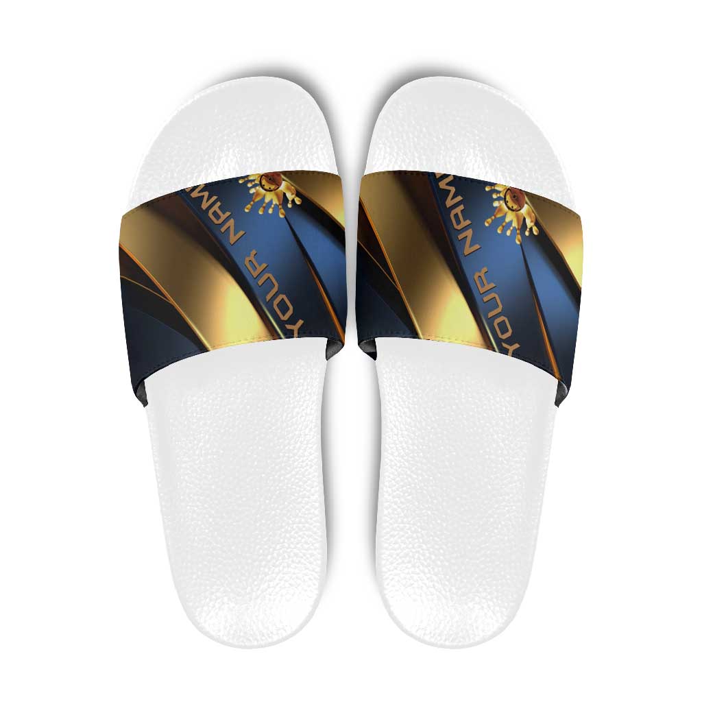 Angry Bowling Ball and Pins Slide Sandals with Blue and Gold Metallic Stripe Graphic Design TS04