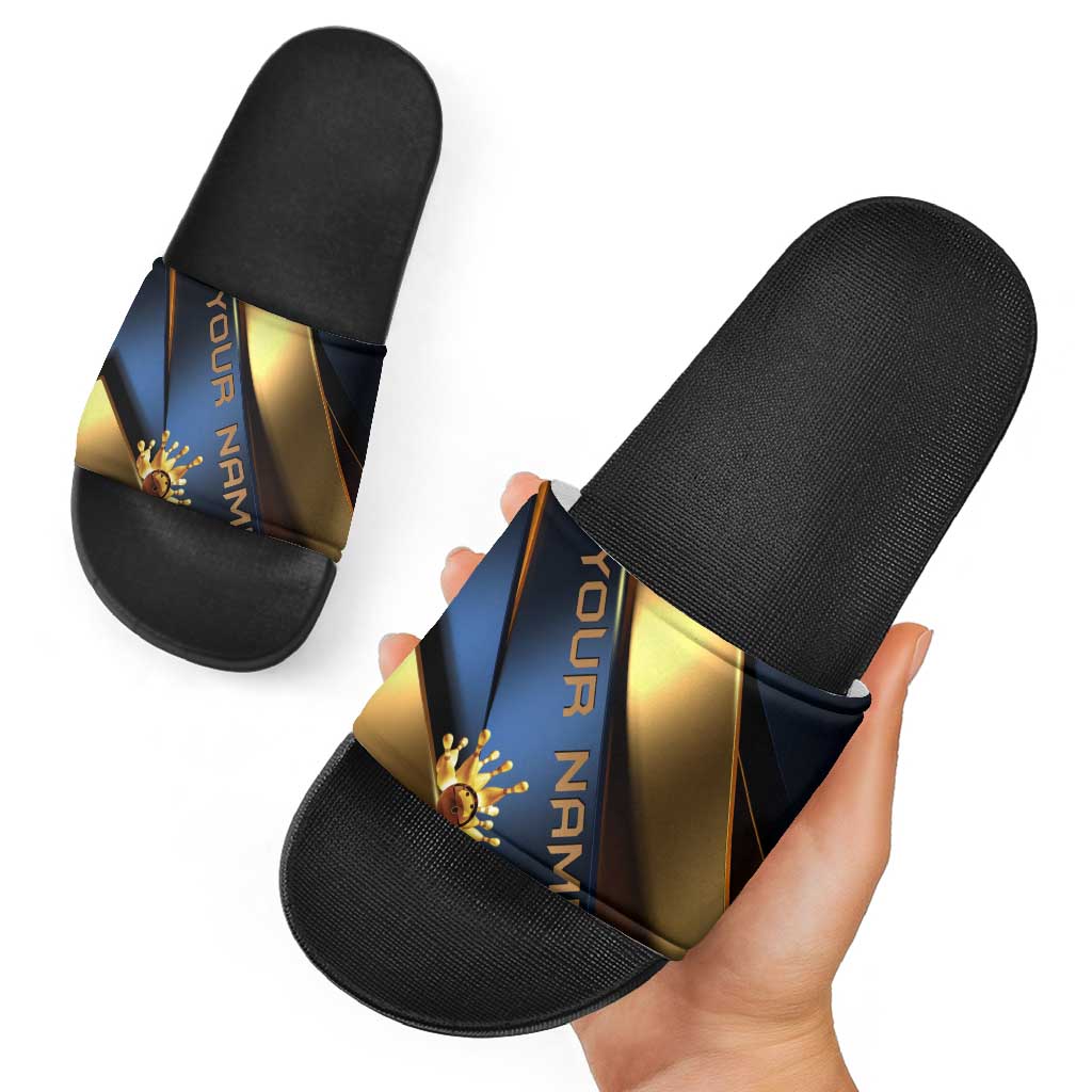 Angry Bowling Ball and Pins Slide Sandals with Blue and Gold Metallic Stripe Graphic Design TS04