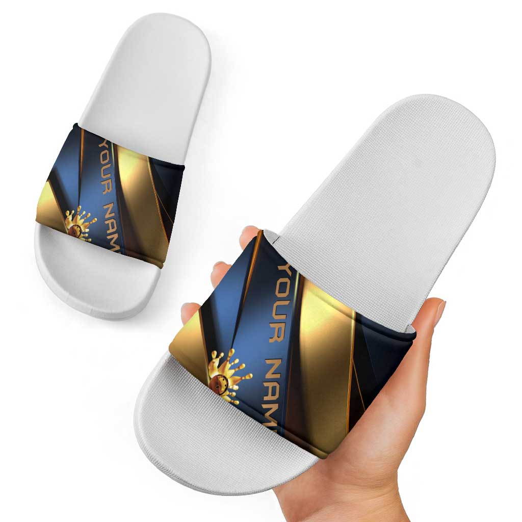 Angry Bowling Ball and Pins Slide Sandals with Blue and Gold Metallic Stripe Graphic Design TS04