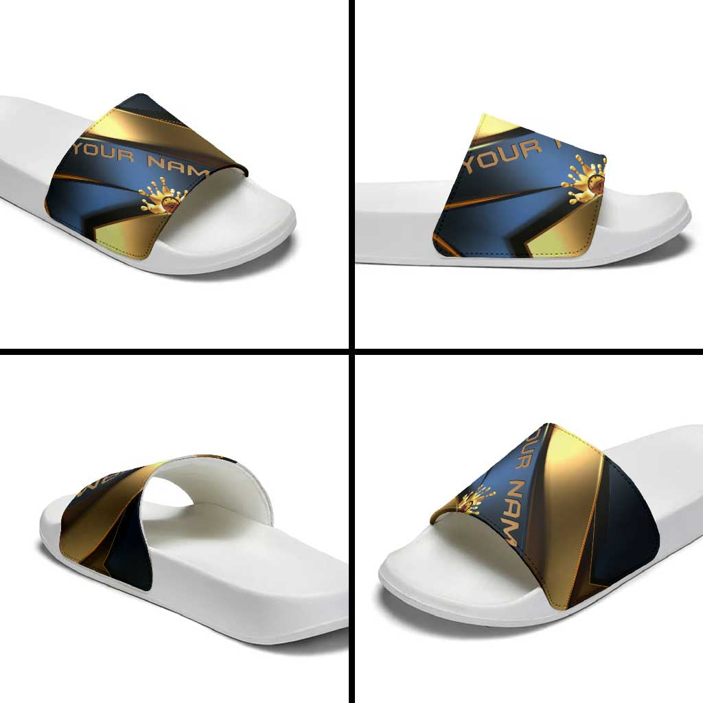 Angry Bowling Ball and Pins Slide Sandals with Blue and Gold Metallic Stripe Graphic Design TS04