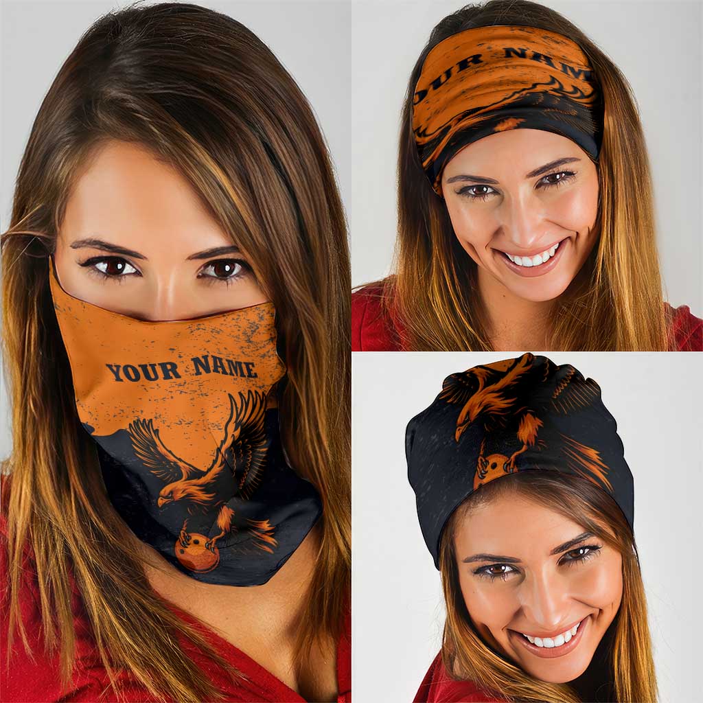 Flying Eagle Carrying Bowling Ball Neck Gaiter with Grunge Orange and Black Splatter Design TS04