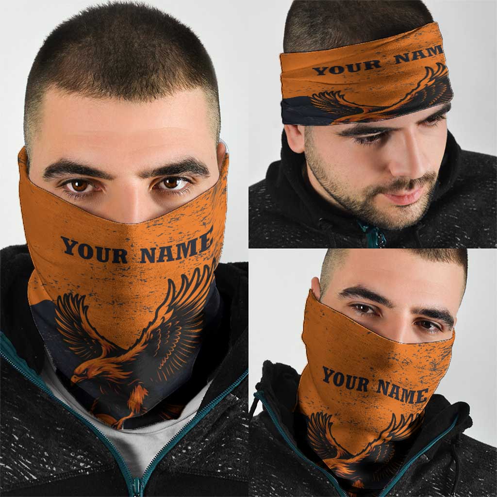 Flying Eagle Carrying Bowling Ball Neck Gaiter with Grunge Orange and Black Splatter Design TS04