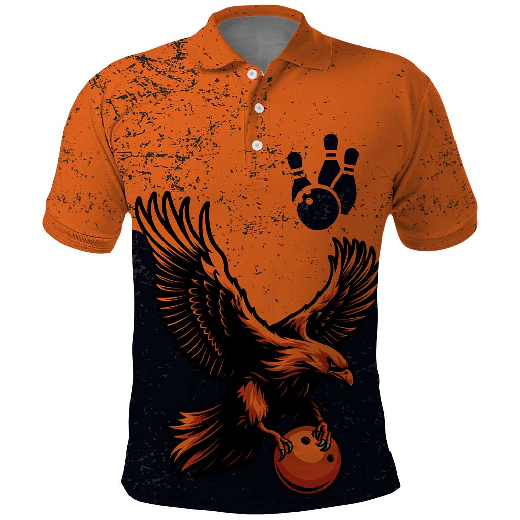 Flying Eagle Carrying Bowling Ball Polo Shirt with Grunge Orange and Black Splatter Design TS04