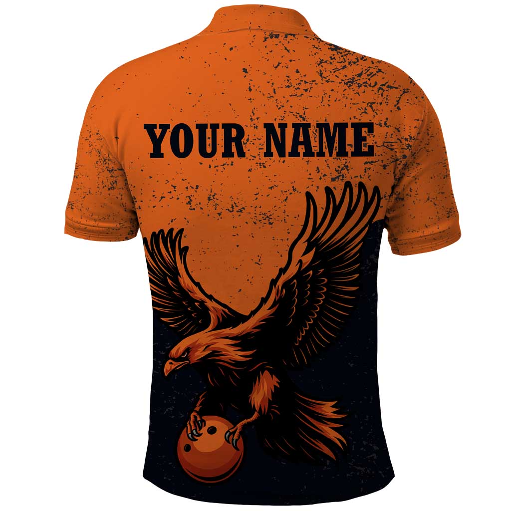 Flying Eagle Carrying Bowling Ball Polo Shirt with Grunge Orange and Black Splatter Design TS04