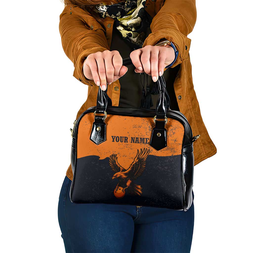 Flying Eagle Carrying Bowling Ball Shoulder Handbag with Grunge Orange and Black Splatter Design TS04
